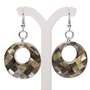 Handcrafted Natural Organic Black Lip Shell Checkered Gogo Pendant Earrings